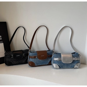 Three stylish shoulder bags in black sequins and denim patchwork with metal buckles