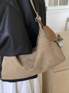 Retro khaki suede hobo tote bag for women with plush charm accessory for commuting