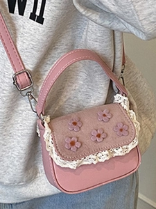 Mini sac carré rose avec appliques florales et bordure en dentelle pour mode féminine