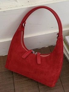 Minimalist red suede crescent hobo underarm bag with silver zipper for women