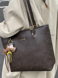 Large vintage dark brown PU leather tote bag with cute bear and star charms for women