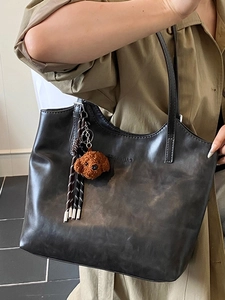 Retro grey large capacity tote bag with cute dog charm and tassel for women daily commute