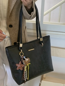 Large black PU leather tote bag with a cute bear charm and star pendant for daily commute