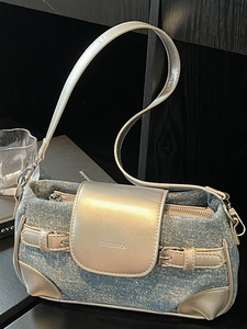Women's Retro Denim Patchwork Shoulder Bag Y2K Sequin Tweed Underarm Bag Fashion Casual Versatile Baguette Crossbody Bag