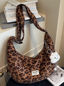 Leopard Print Hobo Shoulder Bag For Women Large Capacity Canvas Tote Bag Casual Crossbody Purse With Cloud Pendant