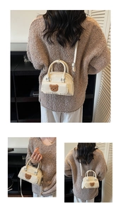 Detail of mini cream crossbody bag with plush bear motif and lace trim on PU leather