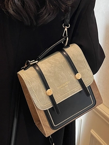 Vintage crossbody handbag with color-block design and gold metal buckle for women