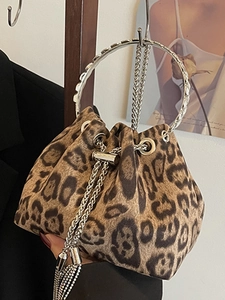 Fashion Leopard Print Faux Suede Bucket Bag Silver Ring Handle Chain Drawstring Crossbody Bag Rhinestone Tassel Small Handbag
