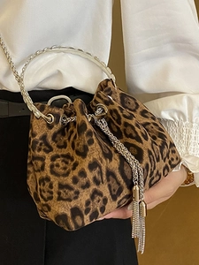 Vintage leopard bucket bag with silver metal ring handle and chain tassel for women