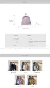 Detailed size guide for the lightweight water-resistant nylon backpack with five color options