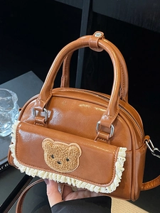 Korean Fashion Shiny PU Leather Small Boston Bag For Women Cute Bear Patch Lace Trim Shoulder Crossbody Handbag Daily Bag