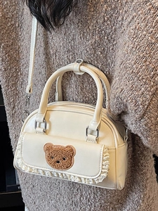 Minimalist cream mini crossbody bag with cute teddy bear patch and lace details