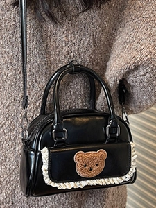 Chic black mini Boston bag with bear embroidery, lace trim, and dual straps for women