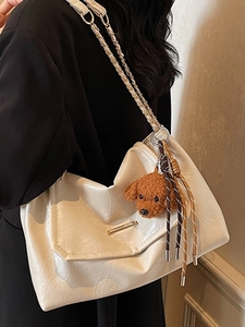 Vintage off-white tote bag with chain strap and teddy bear charm for women