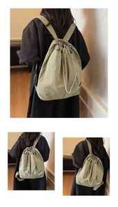 Detail of water-resistant drawstring backpack showing the natural crinkled nylon texture