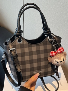 Fashion minimalist black and gray checkered tote bag with a cute plush bear pendant accessory