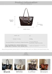 Detailed size chart for the large capacity tote bag with PU leather dimensions and specs