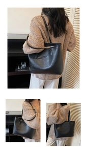 Detail view of black faux leather tote bag with elegant texture and spacious interior