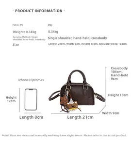 Brown PU crossbody bag size comparison with iPhone showing dimensions and bear charm