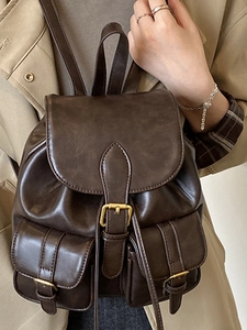 Chic dark brown vintage PU leather backpack for women featuring stylish British academy style