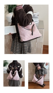 Detail view of pink quilted tote bag with black straps from three different angles