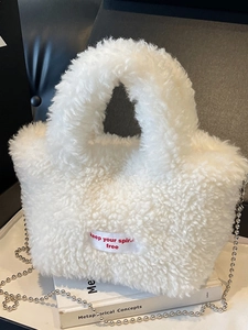 Women's Casual Plush Handbag Faux Fur Shoulder Bag With Metal Bead Chain Letter Print Tag Magnetic Clasp Crossbody Bag