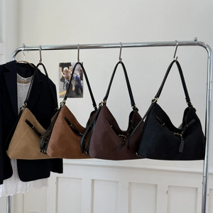 Large vintage suede tote bags in four colors with black straps and golden buckles
