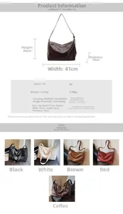 Detailed spec sheet showing the 41cm wide PU leather tote bag dimensions and five colors