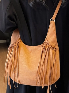 Sac à bandoulière en daim marron vintage avec pompons et grande contenance