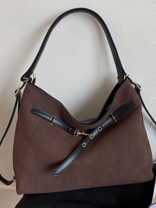 Retro large-capacity brown suede tote bag with black leather straps and gold hardware