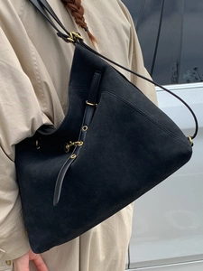 Vintage large capacity black suede tote bag with adjustable shoulder strap and gold hardware