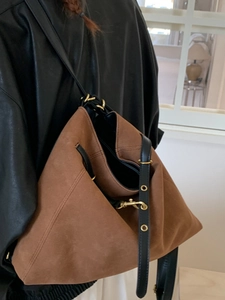 Brown vintage large suede tote bag with black leather straps and gold hardware