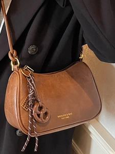 Retro brown large capacity half-moon crossbody bag with braided rope and gold logo