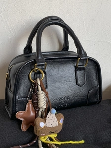 French style vintage black lychee leather Boston bag with plush bear charm and handle