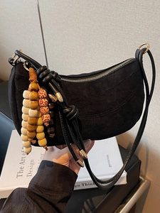 Vintage Suede Hobo Bag For Women Minimalist Croissant Crescent Shoulder Bag With Wooden Bead Charm Solid Color Zipper Closure