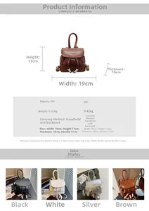 Detailed chart showing size 19x17x10cm and colors for this mini litchi PU backpack