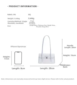 Size guide for PU shoulder bag showing dimensions 28cm x 16cm with iPhone comparison