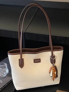 Large Capacity PU Leather Tote Bag Splicing Color Underarm Shoulder Bag With Wooden Beads Charm Simple Fashion Handbag Women