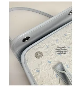 Detail showing the magnetic closure and embossed bow texture on light blue shoulder bag