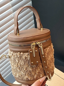 Damen Fashion Patchwork Beuteltasche PU-Leder Lammwollimitat Tweed Zylinder Umhängetasche Crossbody Tote Mit Nieten Gold Reißverschluss
