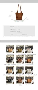 Detail view of woven texture PU leather tote bag with elegant tassel charm and dimensions