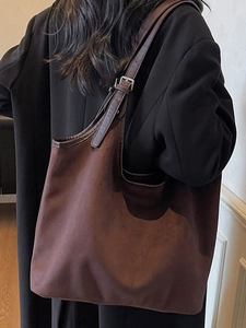 Vintage dark brown large capacity faux suede tote bag for women stylish shoulder bag
