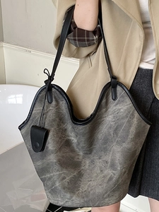 Retro charcoal grey large tote bag with marbled texture and black leather straps for women