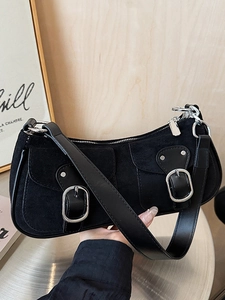 Sac Sous le Bras Vintage en Daim et Cuir PU pour Femmes Sac à Épaule Croissant Tendance avec Doubles Poches à Boucles