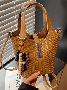 Sac Seau Tissé d'Automne pour Femmes en Cuir PU Sac Bandoulière avec Charme en Bois Cadenas en Métal Sac à Main Epaule