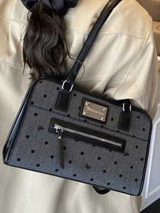 Charcoal grey tote bag with black polka dots and embroidery for commute and travel