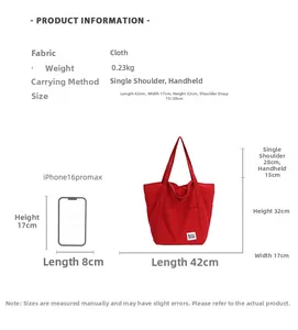 Size chart for large red canvas tote bag showing dimensions 42x17x32cm and shoulder straps