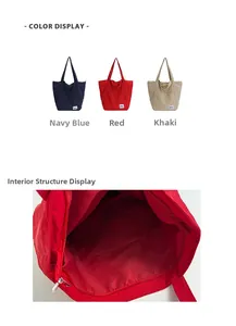 Detail view of canvas tote bag showing internal pockets, zipper, and color options