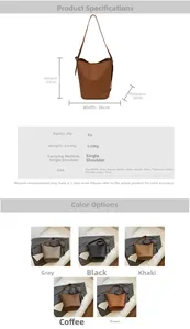 Detailed specs showing PU material, 36cm width, 29cm height and 0.69kg weight for the bucket bag