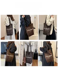 Detail shots of large leopard print tote bag styled with various autumn outfits